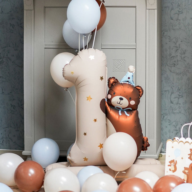 Globo foil número 1 con osito para primer cumpleaños