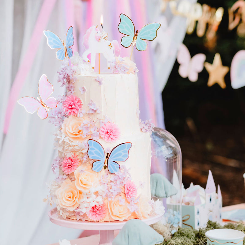 Pack 9 toppers para tarta mariposas en azul verde menta y rosa con bordes dorados