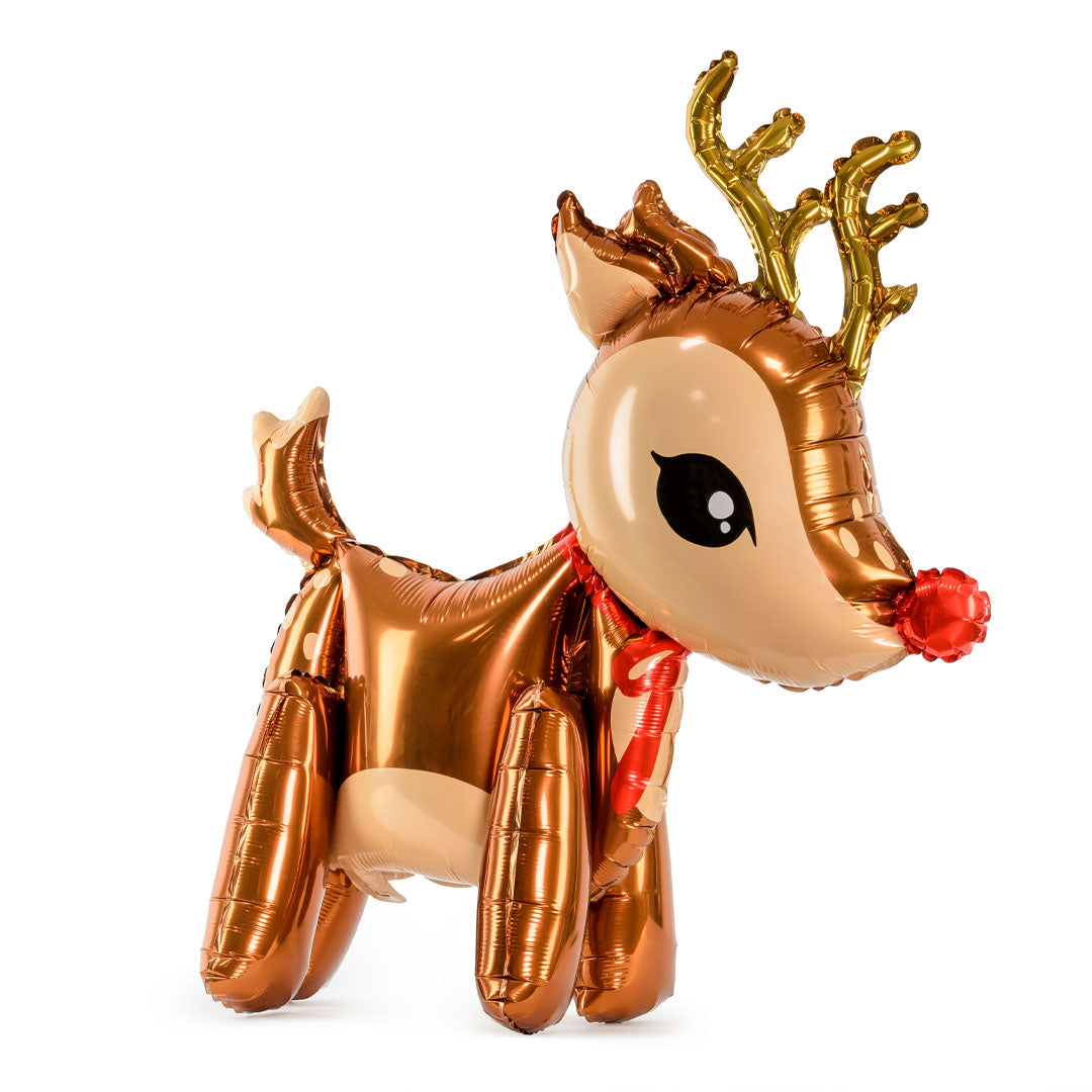 Detalle del globo foil Reno Rudolph de pie, cobrizo con astas doradas y nariz roja, 62 cm