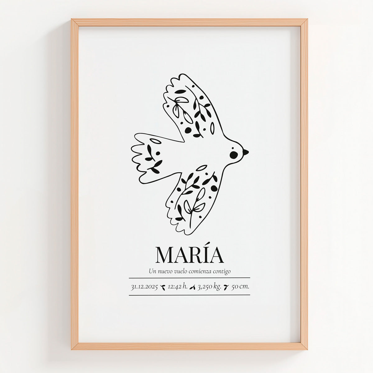 Lámina natalicio personalizada MiVuelo con pájaro volando en blanco y negro