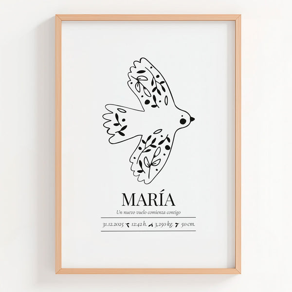 Lámina natalicio personalizada MiVuelo con pájaro volando en blanco y negro