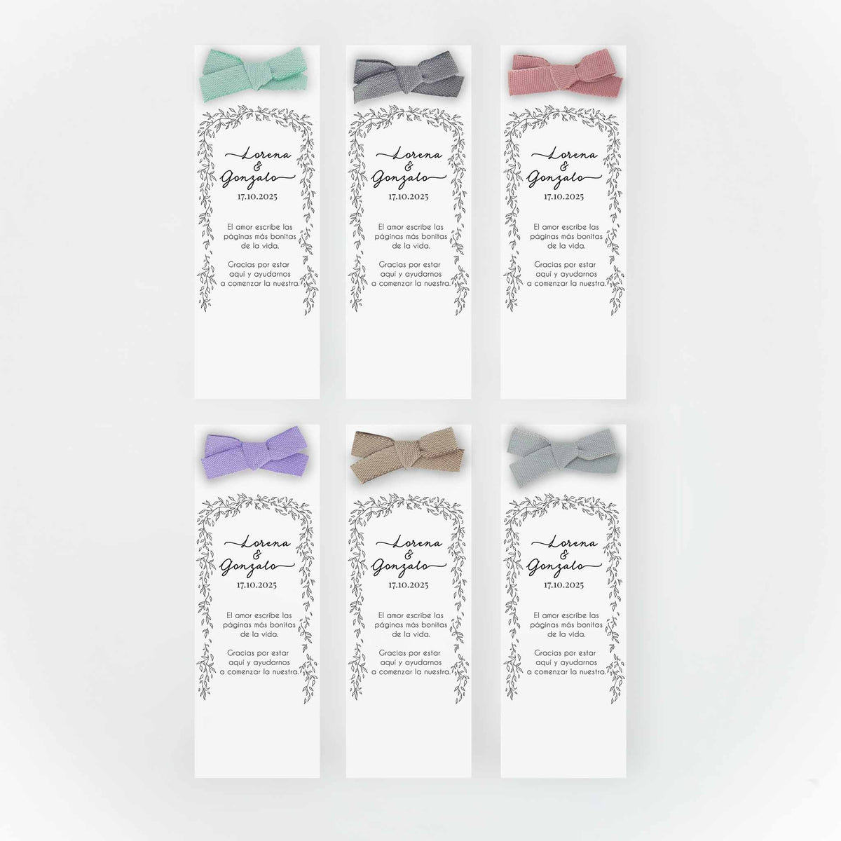 Opciones del color de lazo para el marcapáginas con lápiz eterno de la colección para boda "bosque secreto".