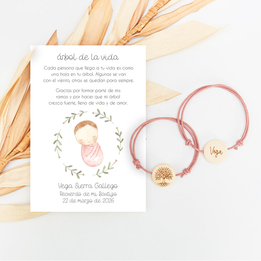 Pulsera con tarjeta árbol de la vida para invitados de bautizo de la colección rosquito bebé. 