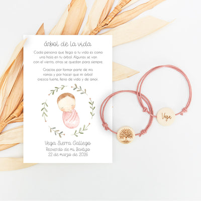 Pulsera con tarjeta árbol de la vida para invitados de bautizo de la colección rosquito bebé. 