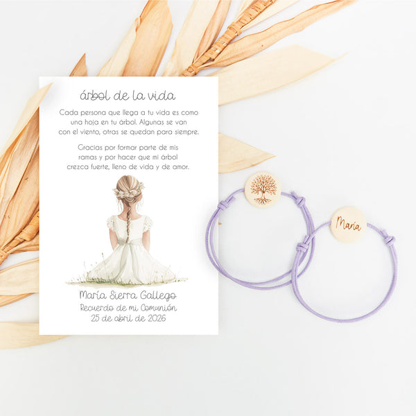 pulsera en tarjeta árbol de la vida para invitados de comunión con diseño de la colección boho. 
