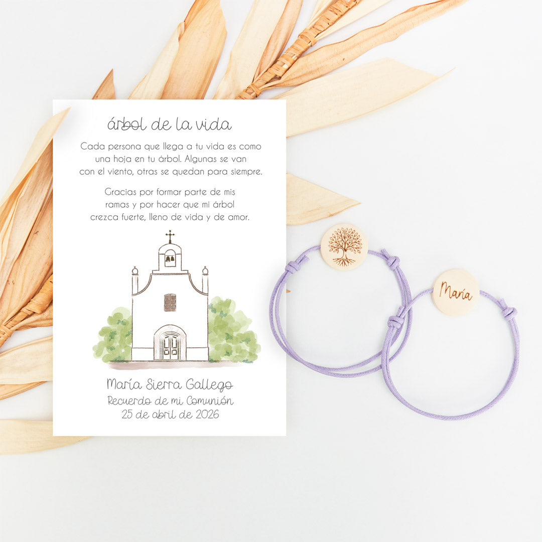 pulsera en tarjeta árbol de la vida para invitados de comunión con diseño de la colección iglesia. 