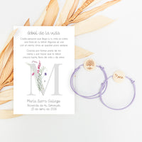 pulsera en tarjeta árbol de la vida para invitados de comunión con diseño de la colección inicial. 