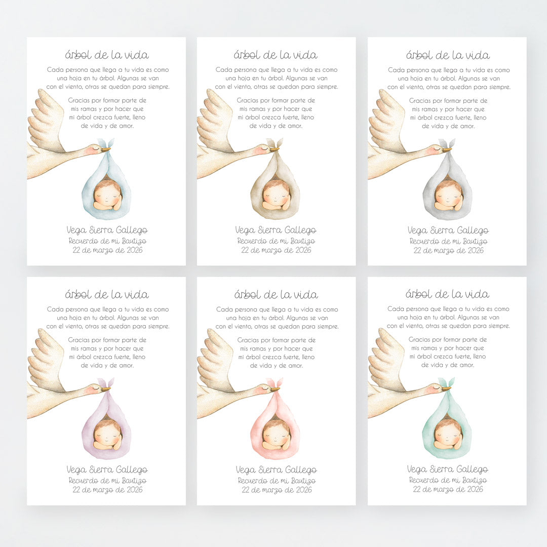 Tarjeta para invitados de bautizo que acompaña a la pulsera y llavero árbol de la vida. Diseño de la colección Cigüeña. 