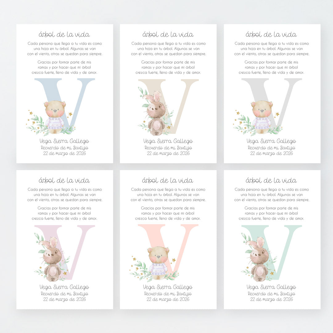 Tarjeta para invitados de bautizo que acompaña a la pulsera y llavero árbol de la vida. Diseño de la colección Inicial. 