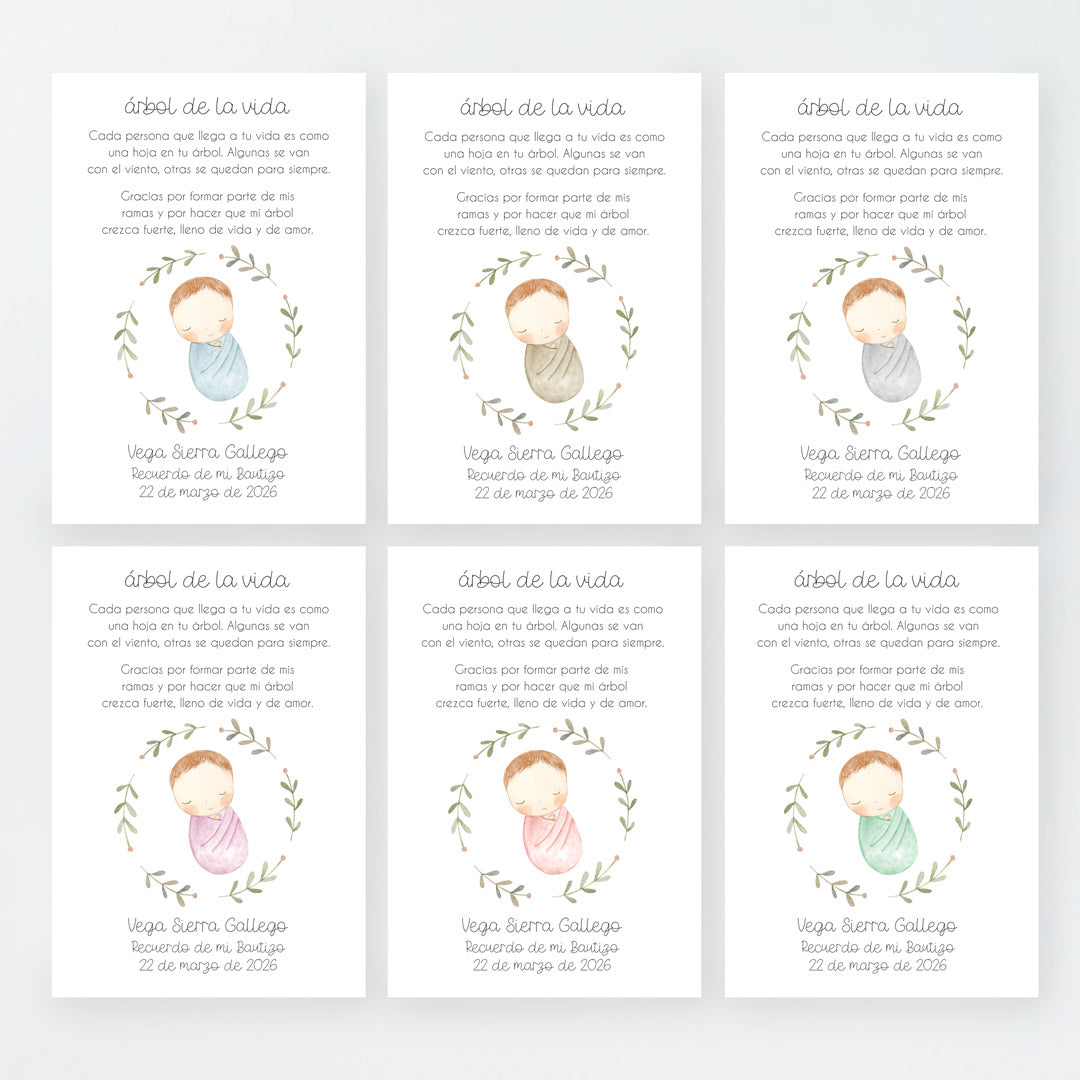 Tarjeta para invitados de bautizo que acompaña a la pulsera y llavero árbol de la vida. Diseño de la colección Rosquito Bebé. 