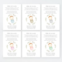 Tarjeta para invitados de bautizo que acompaña a la pulsera y llavero árbol de la vida. Diseño de la colección Rosquito Bebé. 