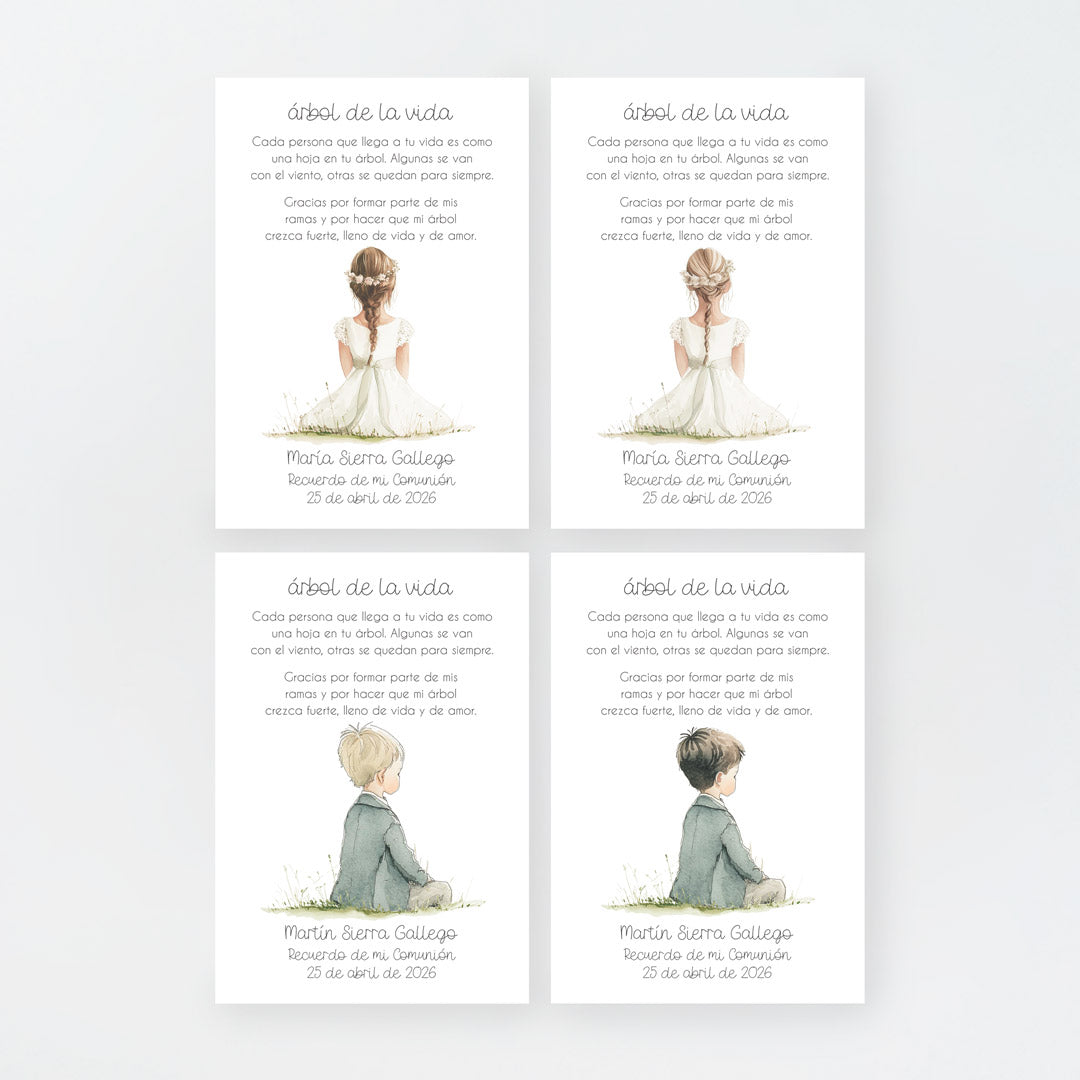 Tarjeta Árbol de la Vida de la Colección Boho para Comunión que acompaña a la pulsera y el llavero. 