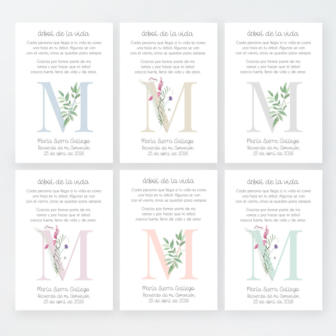 Tarjeta Árbol de la Vida de la Colección Inicial para Comunión que acompaña a la pulsera y el llavero. 