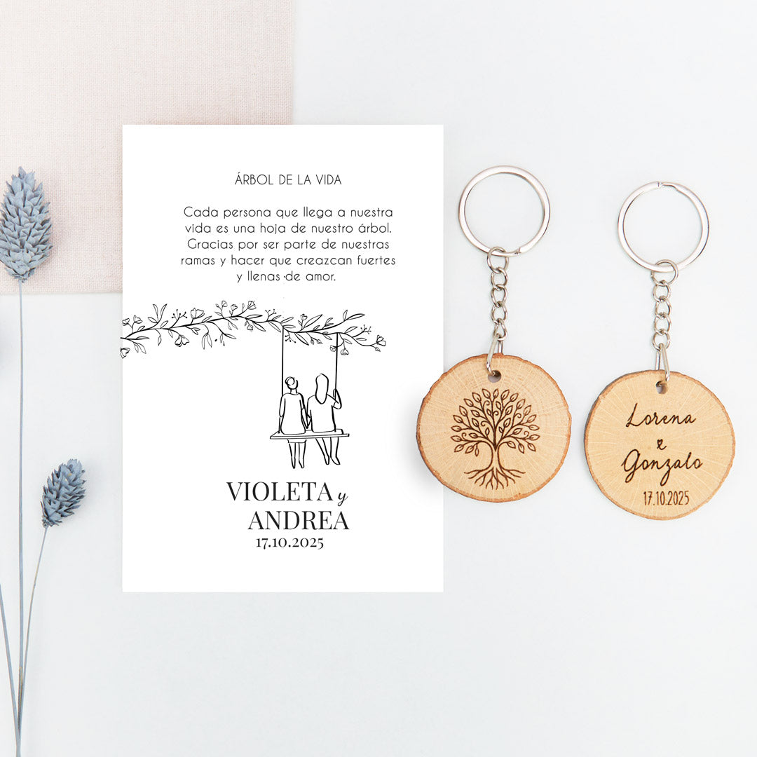 Llavero árbol de la vida de la colección Susurros con diseño de dos chicas para invitados de Boda