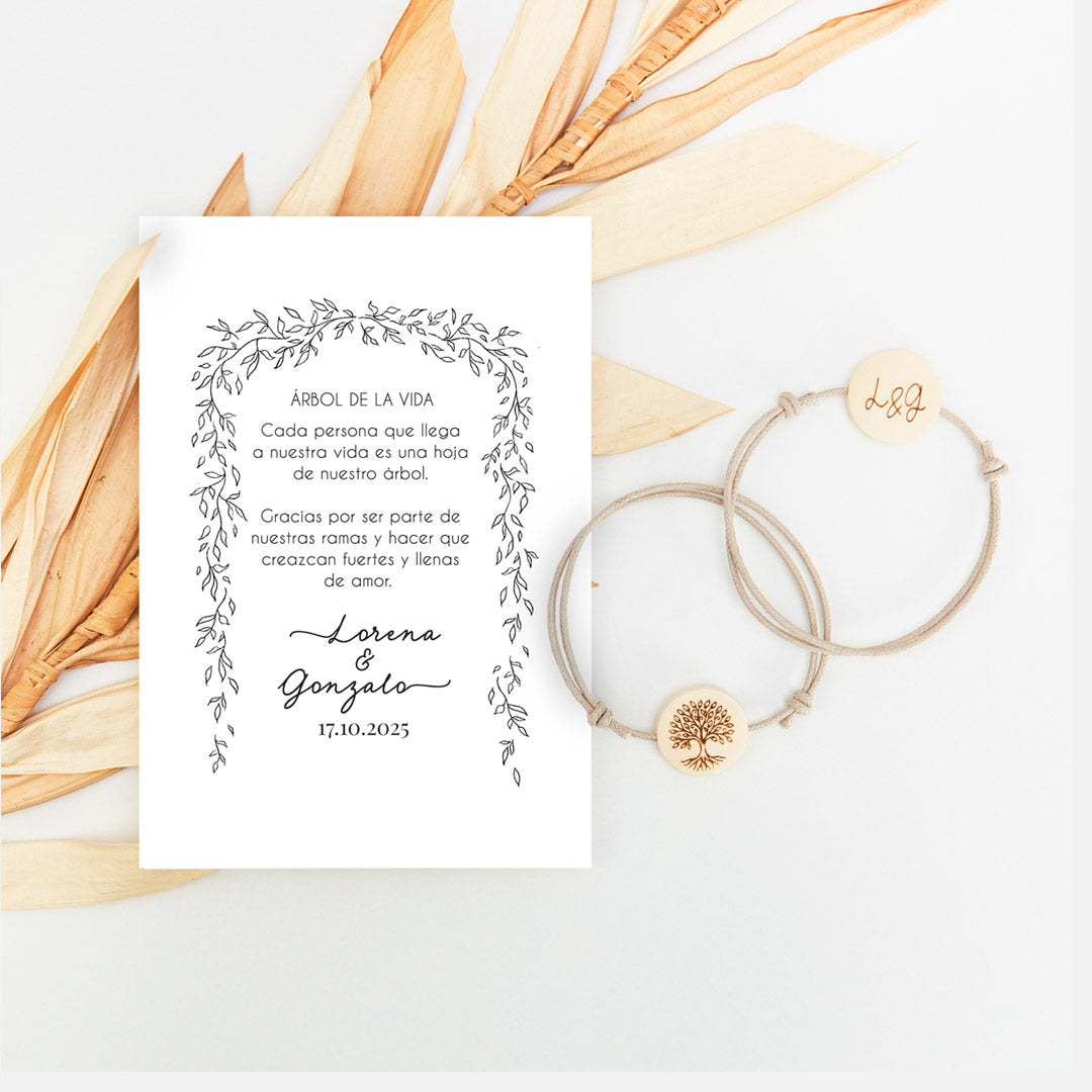 pulsera con tarjeta árbol de la vida para invitados de boda de la colección Bosque Secreto