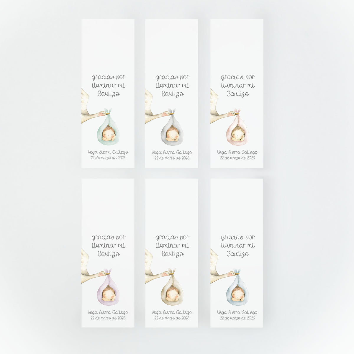 Bengalas estrella con tarjeta de la colección Cigüeña en diferentes tonos para bautizo