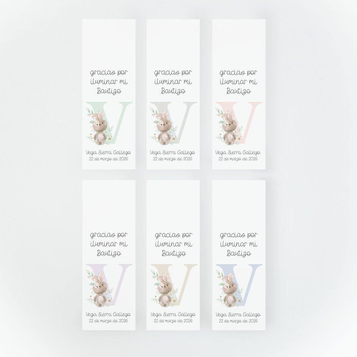 Bengalas estrella con tarjeta de la colección Inicial en varios diseños y colores para bautizo