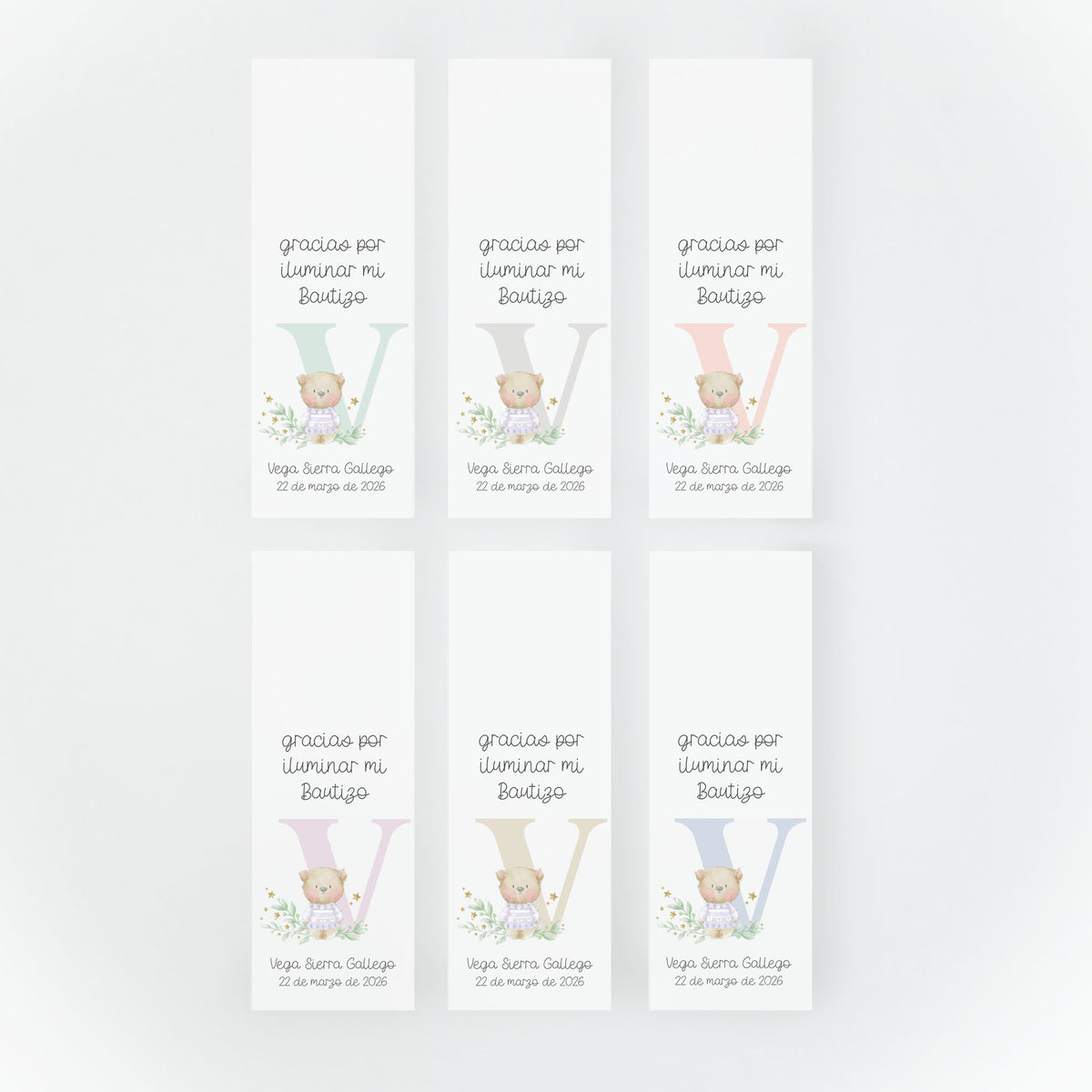 Bengalas estrella con tarjeta de la colección Inicial en varios diseños y colores para bautizo