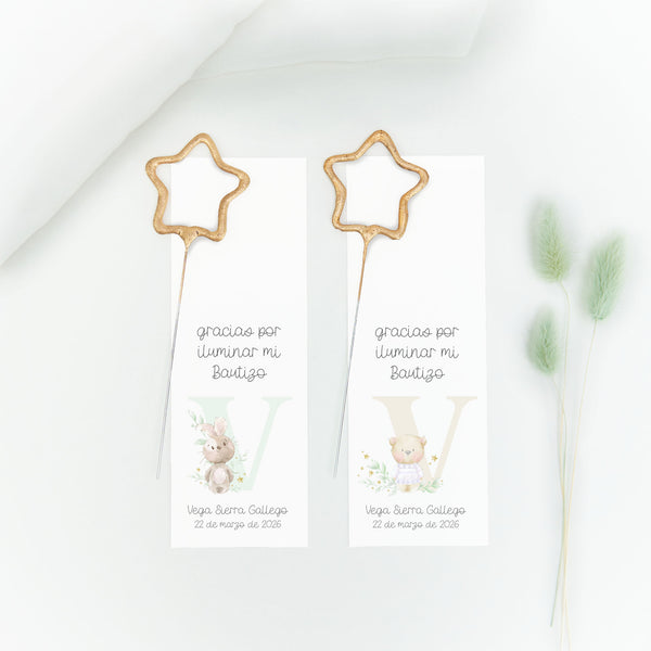 Bengala en forma de estrella con tarjeta personalizada de la colección Inicial para bautizo