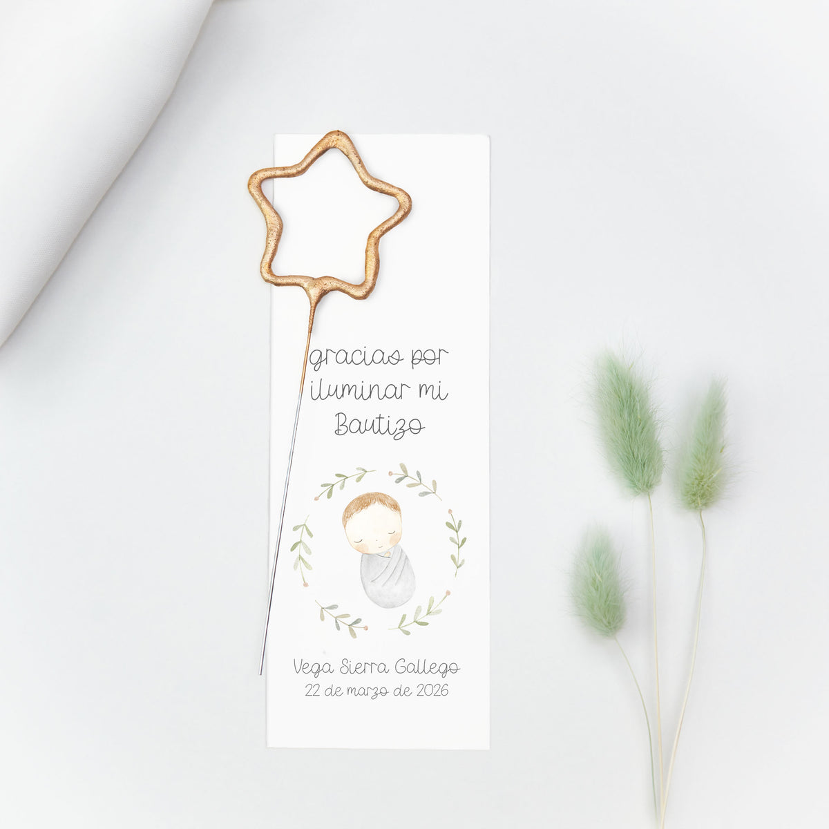 Bengala en forma de estrella con tarjeta personalizada de la colección Rosco Bebé para bautizo