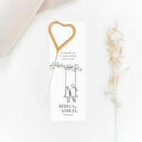 Bengala en forma de corazón con tarjeta personalizada de la colección Susurro para boda