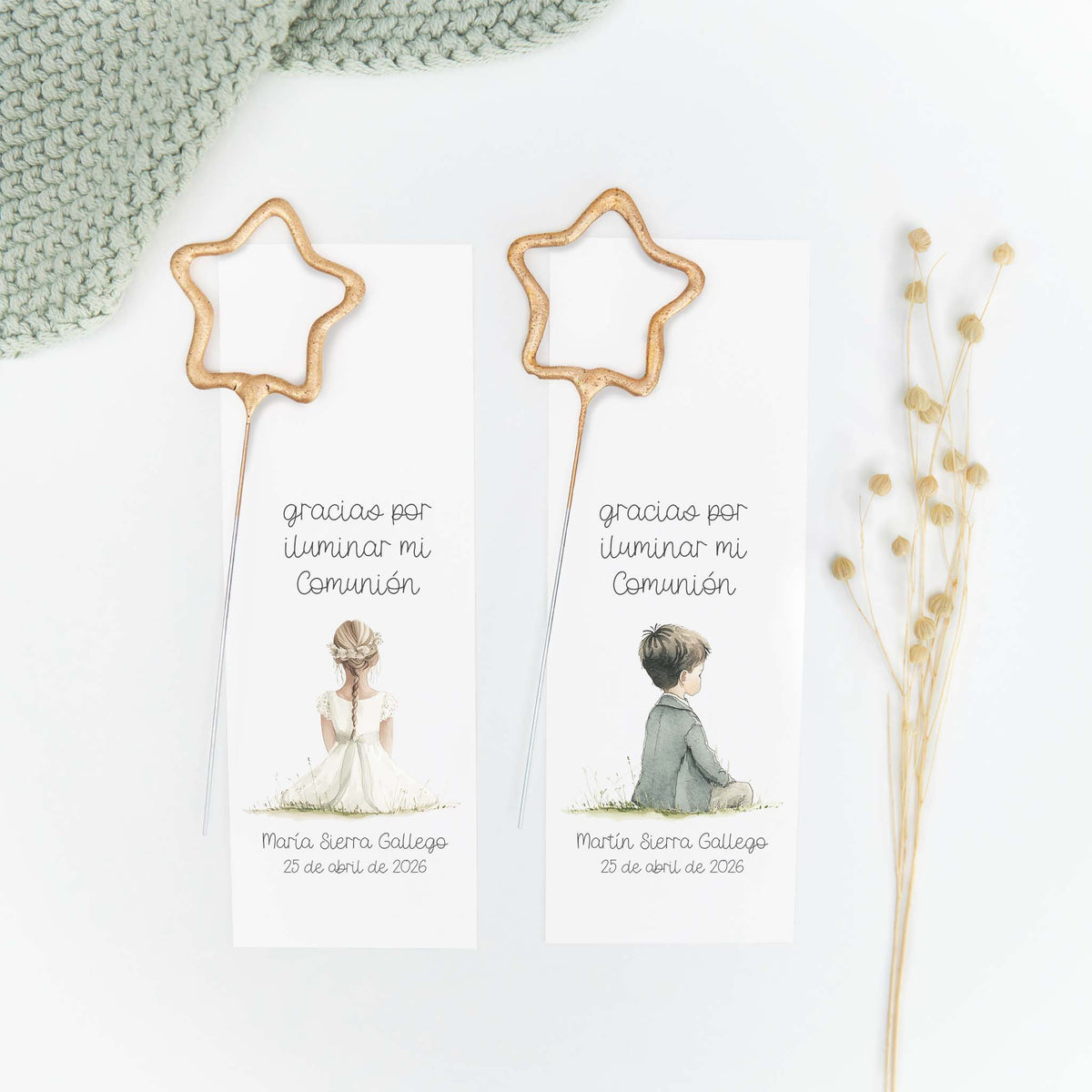 Bengala en forma de estrella con tarjeta personalizada de la colección Boho para comunión