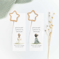 Bengala en forma de estrella con tarjeta personalizada de la colección Boho para comunión