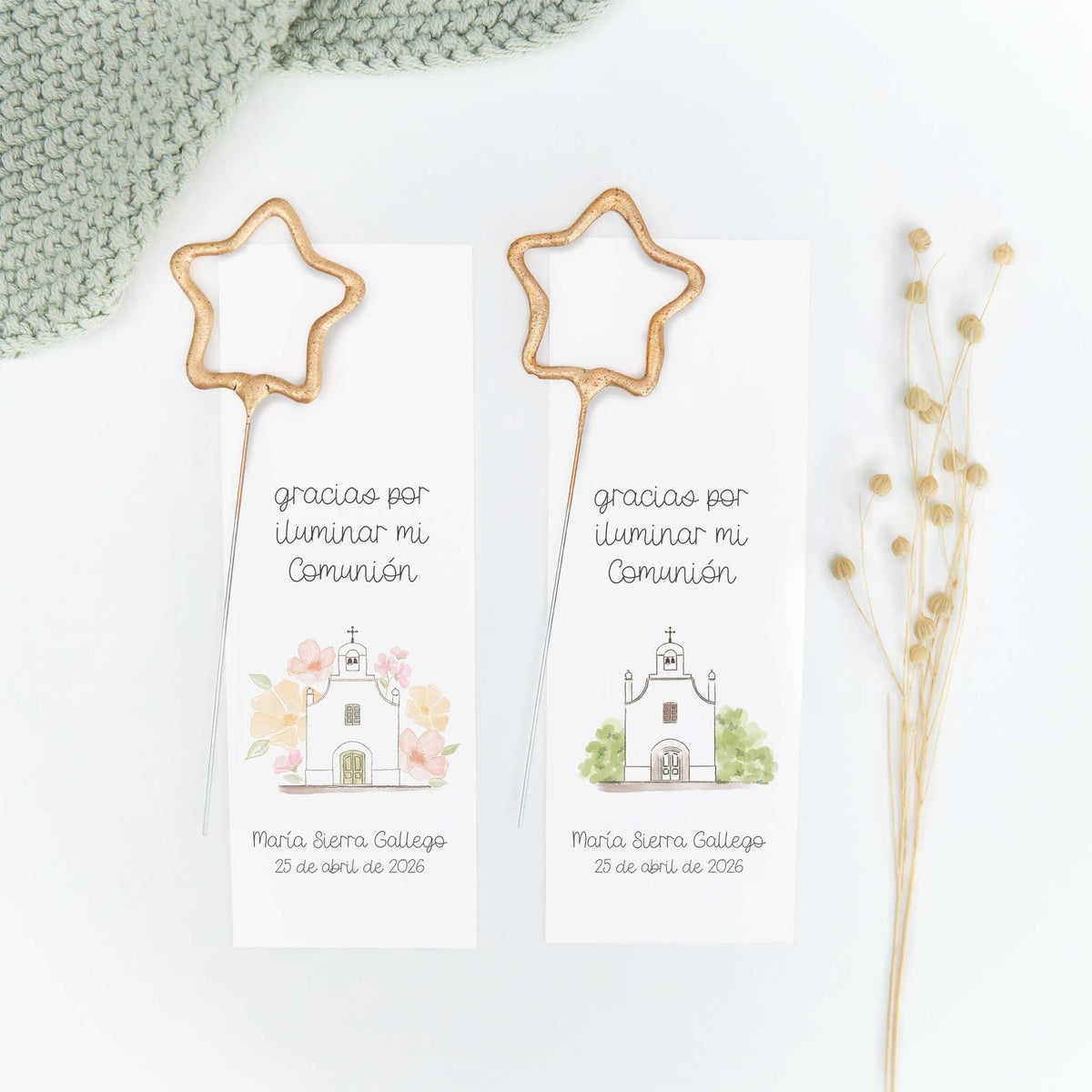 Bengala en forma de estrella con tarjeta personalizada de la colección Iglesia para comunión
