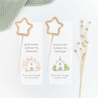 Bengala en forma de estrella con tarjeta personalizada de la colección Iglesia para comunión