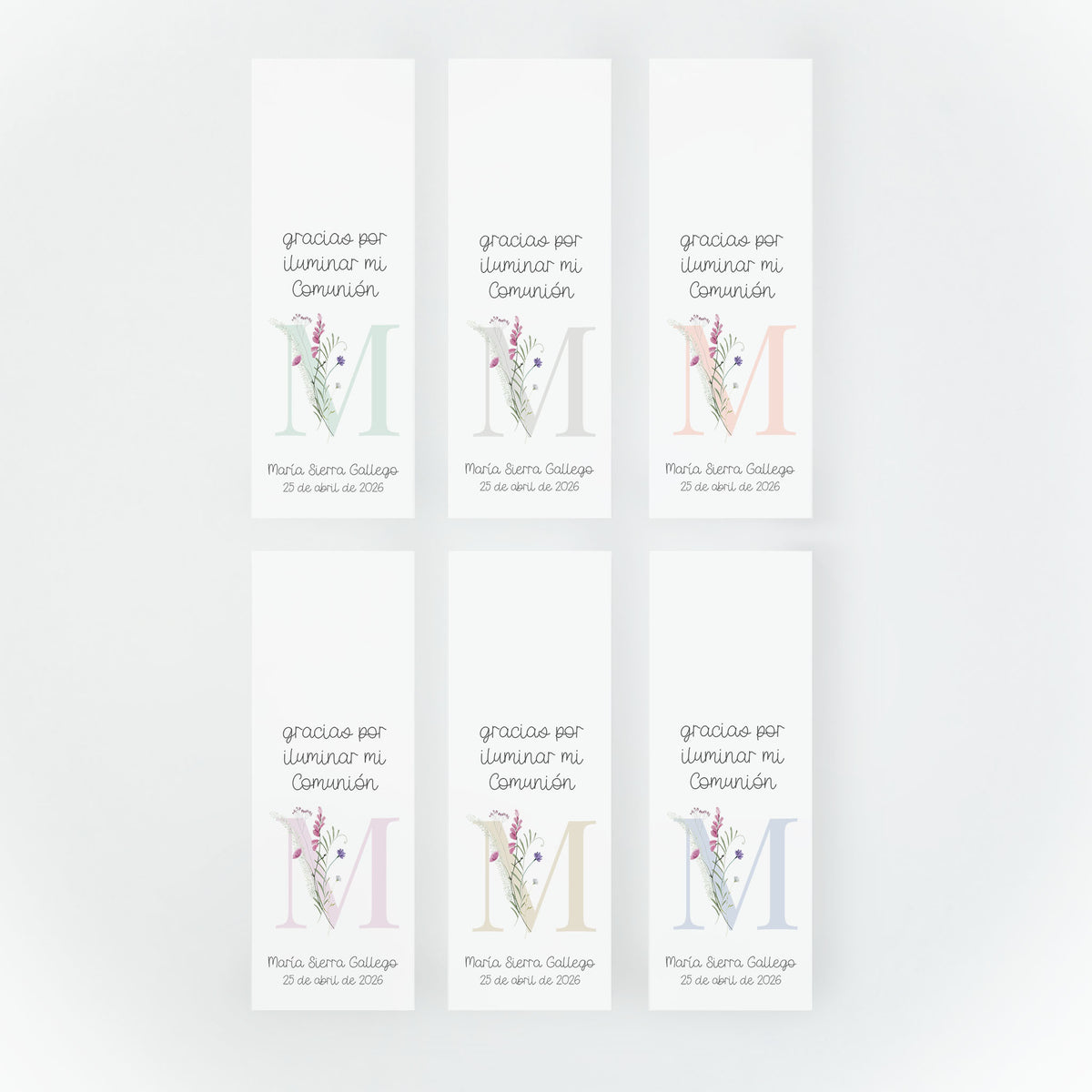 Bengalas estrella con tarjeta de la colección Inicial con diseño de flores varios colores para comunión