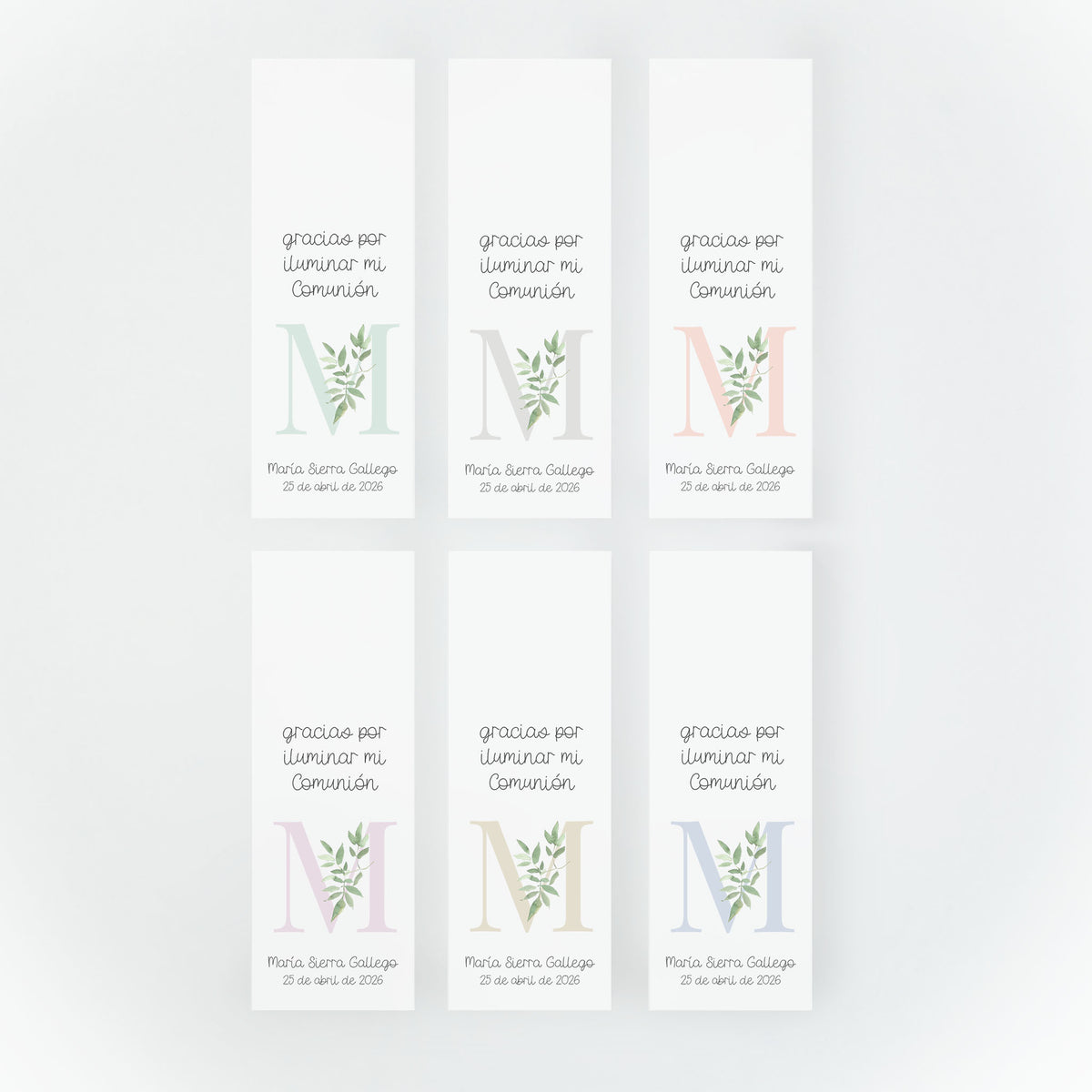 Bengalas estrella con tarjeta de la colección Inicial con diseño de hojas de olivo y varios colores para comunión