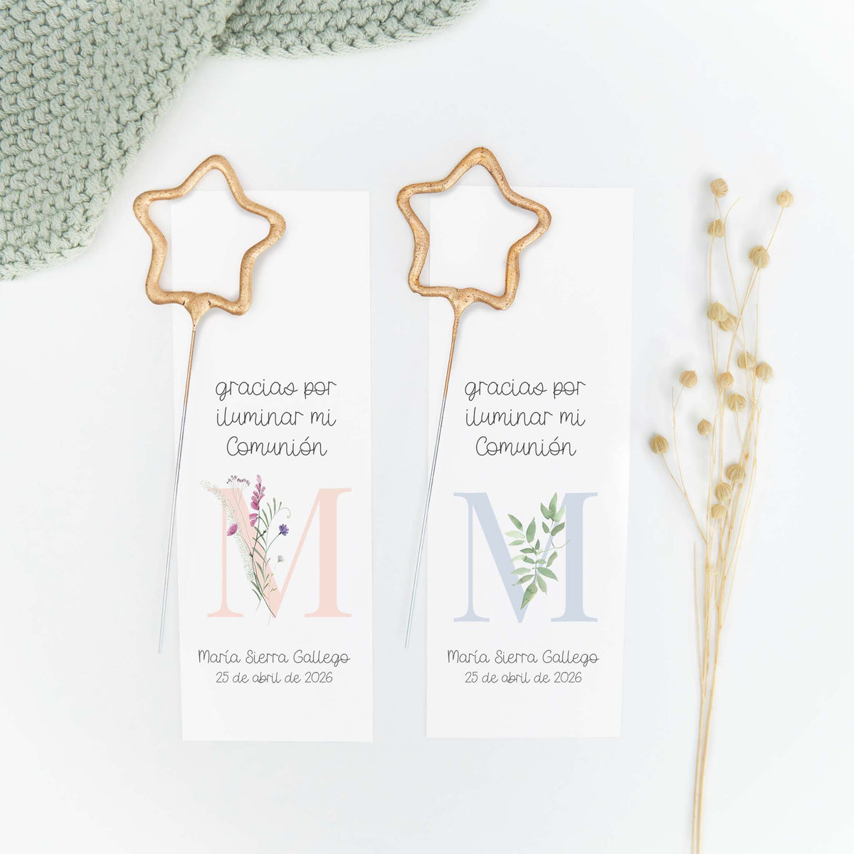 Bengala en forma de estrella con tarjeta personalizada de la colección Inicial para comunión