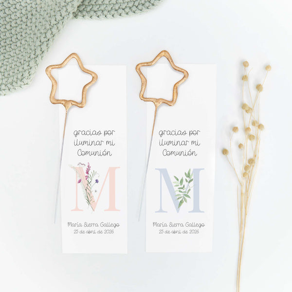 Bengala en forma de estrella con tarjeta personalizada de la colección Inicial para comunión