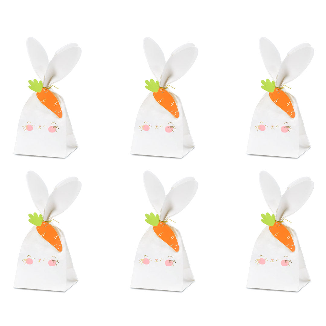 Set de 6 bolsas de papel conejo con cordón dorado y etiqueta de zanahoria