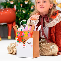Bolsa de regalo con forma de reno, astas doradas y corona de flores, 30 cm