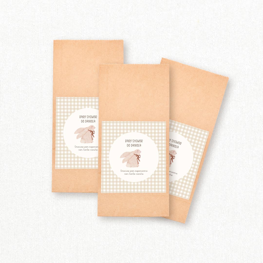 Bolsas de papel kraft personalizadas temática baby shower con pegatina y pinza de madera