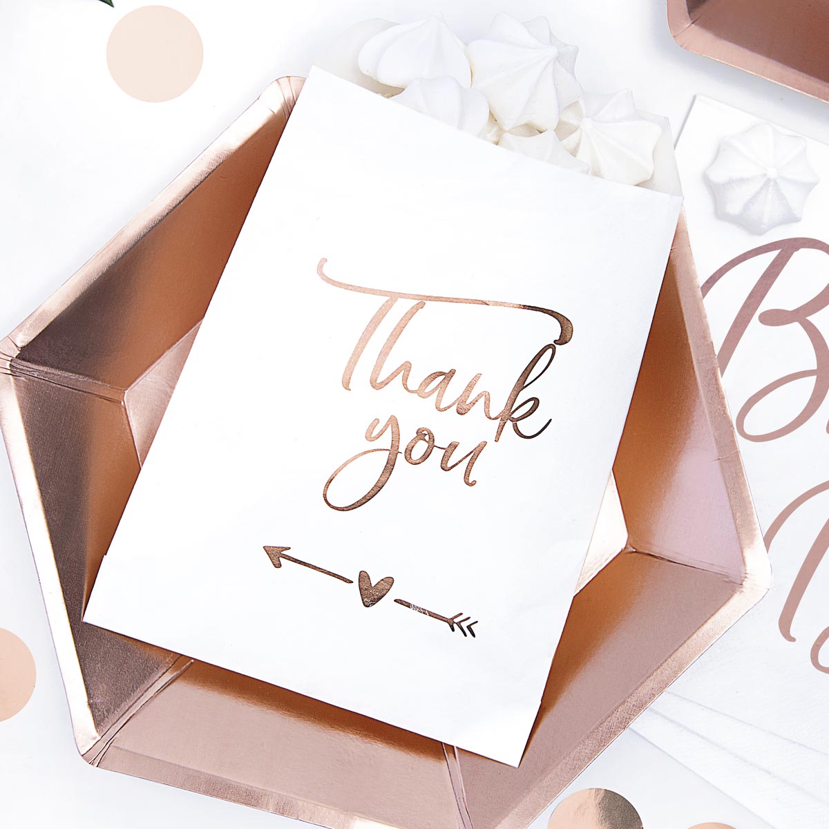 Bolsas blancas con inscripción Thank you en oro rosa. Pack de 6 bolsas (13×14 cm) para detalles de boda, bautizo o comunión.
