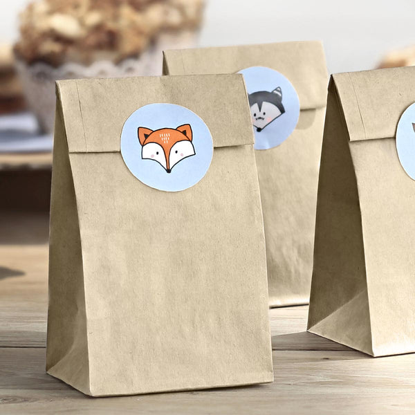Bolsas kraft Woodland con pegatinas de animales. Pack de 6 para chuches, fiestas infantiles y pequeños regalos.