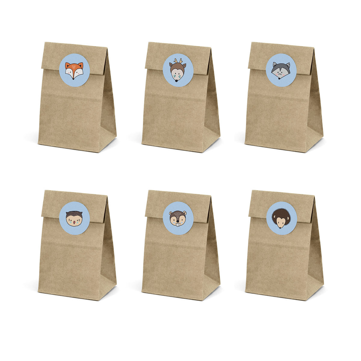 Bolsas kraft Woodland con pegatinas de zorro, ciervo, mapache, búho, castor y erizo. Pack de 6 bolsas.