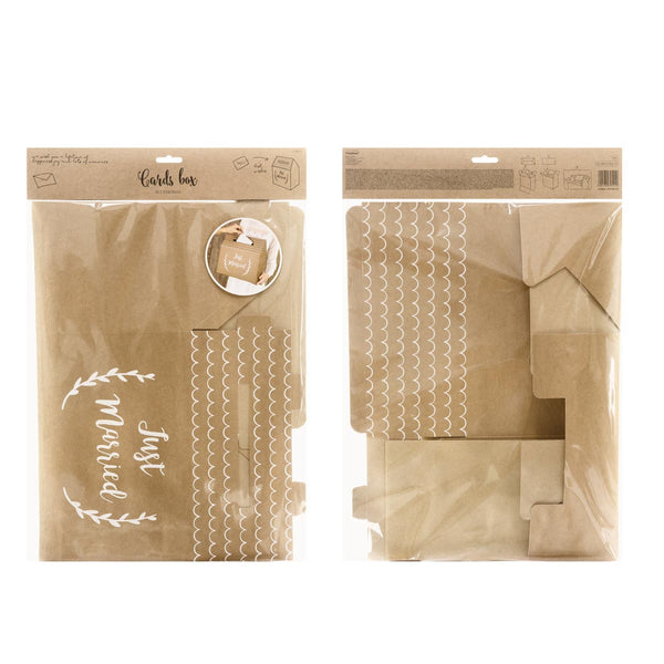 Packaging del buzón de papel kraft con inscripción blanca Just Married para mensajes y tarjetas de boda. Tamaño 30×30,5×16,5 cm.