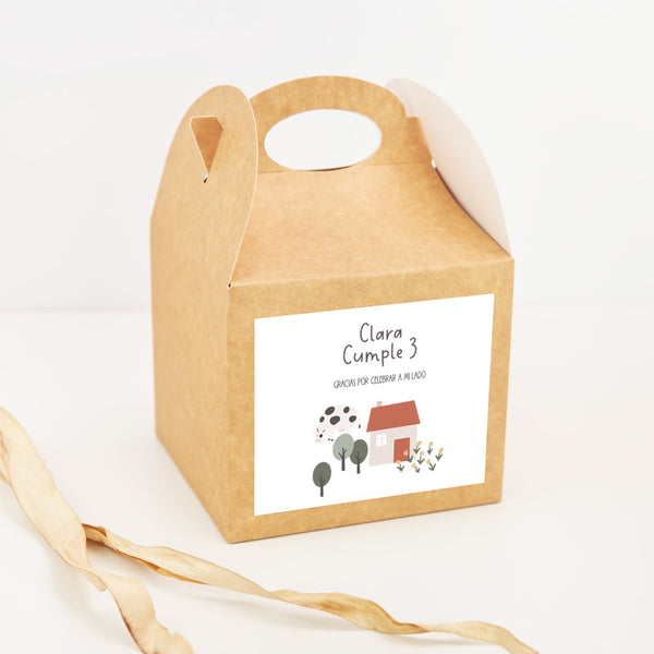 Caja picnic personalizada temática granja con asa y vaca ilustrada para chuches de cumpleaños infantil
