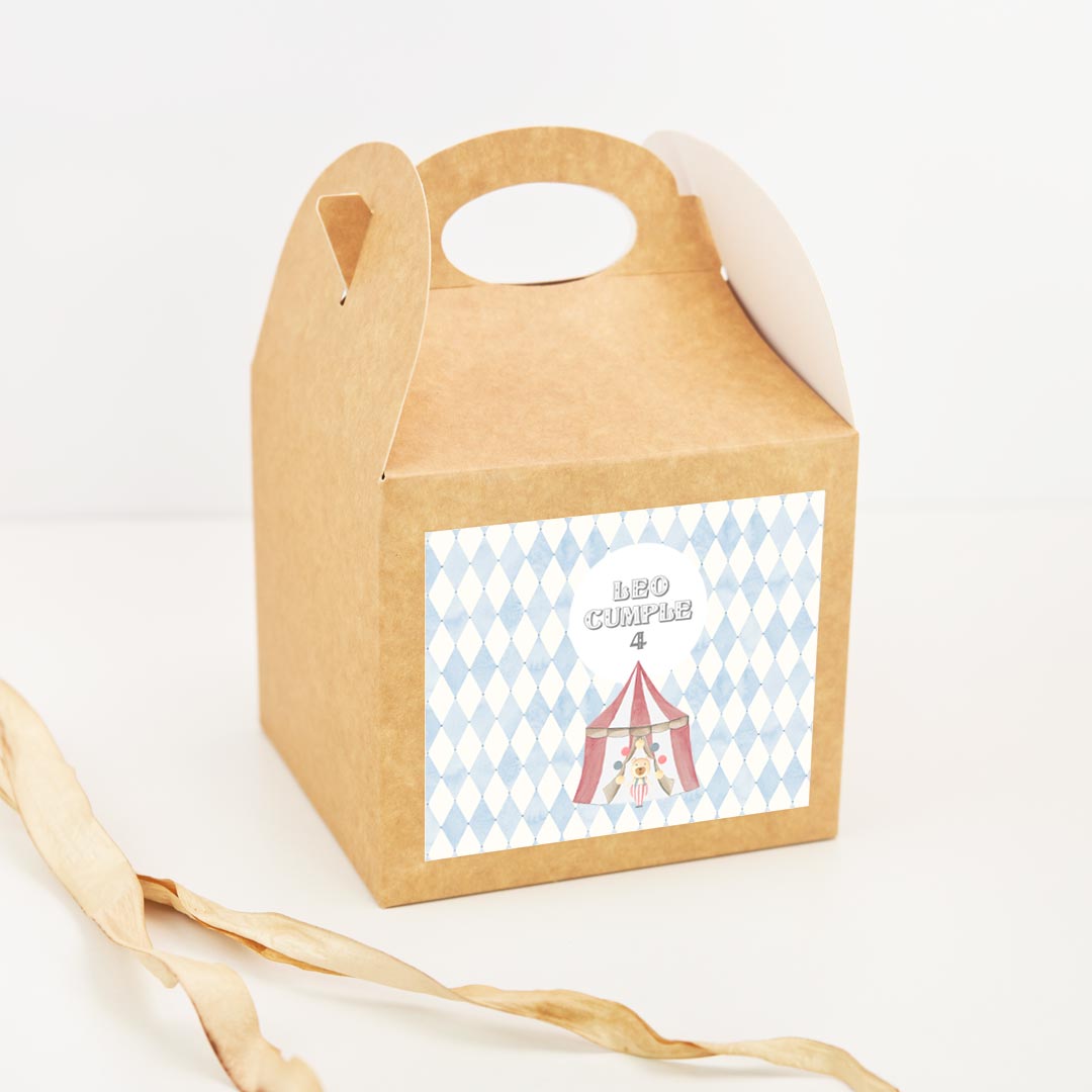 Caja picnic personalizada temática circo con asa y estampado de rombos azules para chuches de cumpleaños infantil
