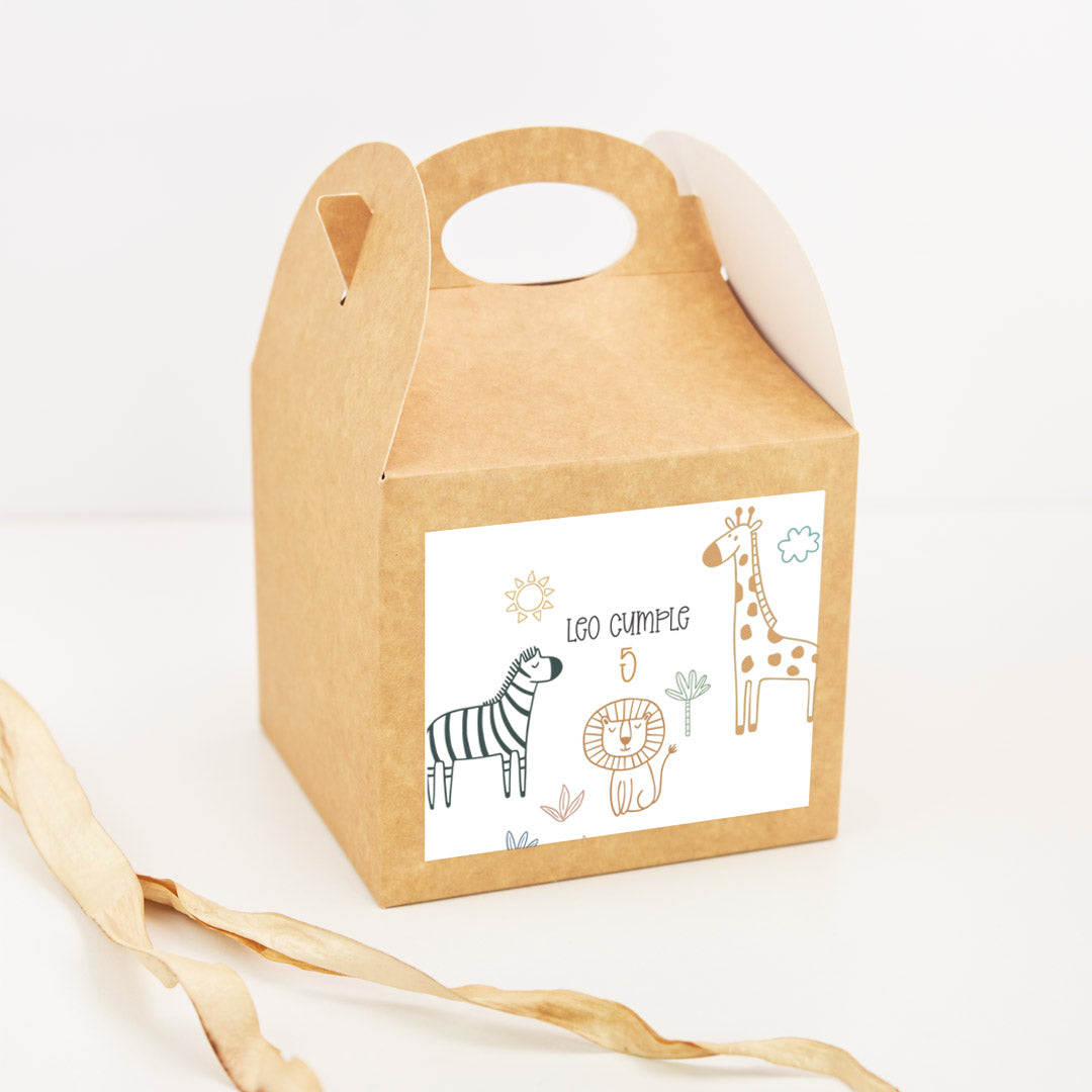 Caja picnic personalizada temática safari con asa y animales de la jungla para chuches o detalles de cumpleaños infantil