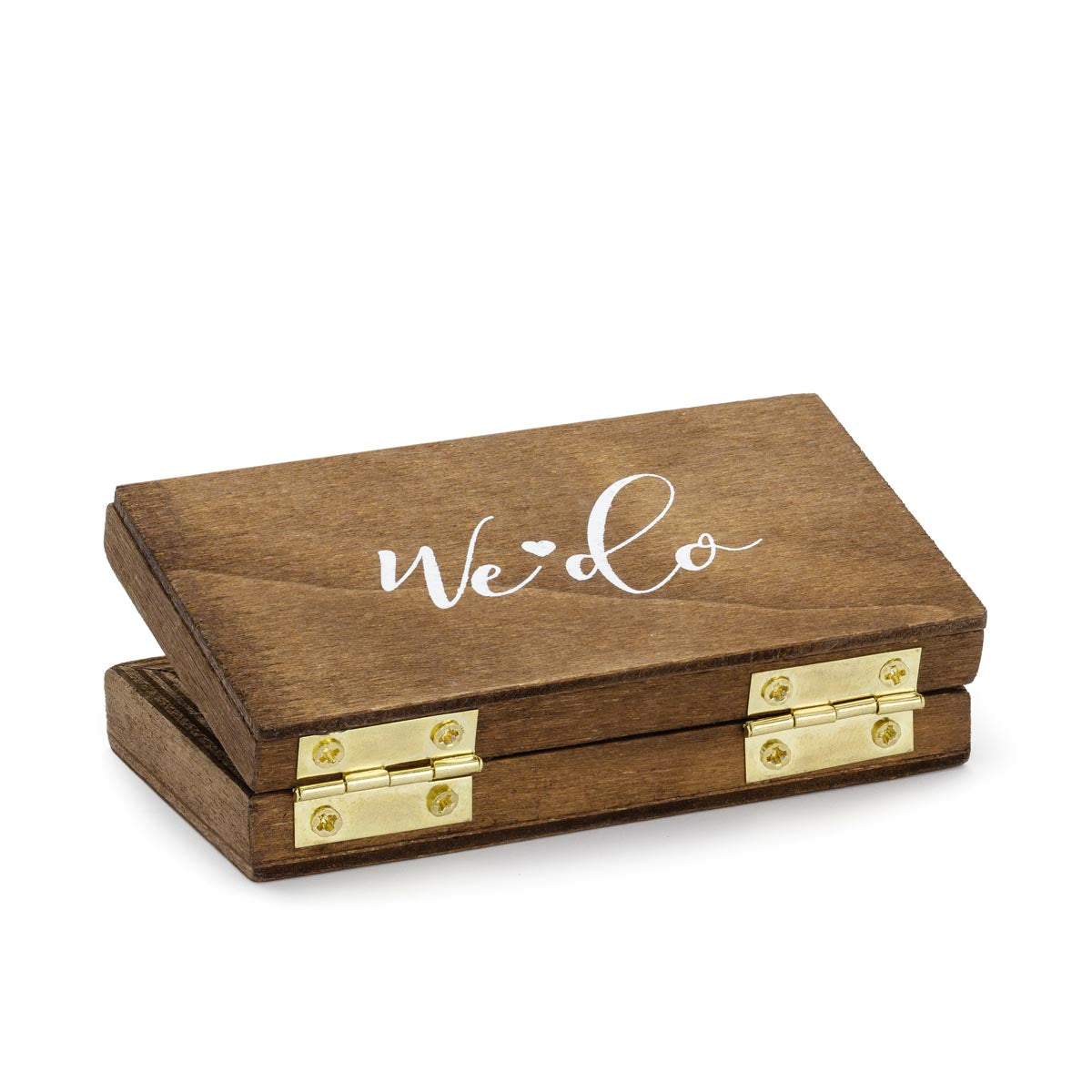 Detalle de la tapa de la caja porta alianzas de madera con inscripción blanca We Do. Porta alianzas o arras para boda.
