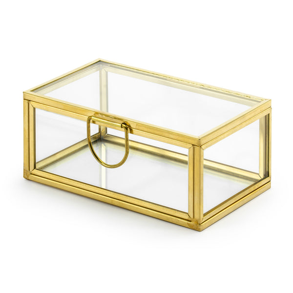 Detalle de la caja porta alianzas de vidrio con marco metálico. Perfecta para alianzas o arras de boda.