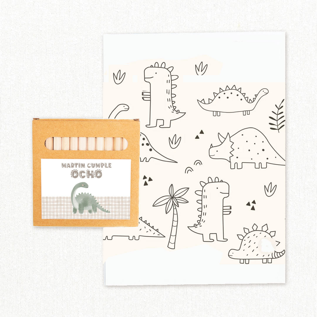 Cajita de lápices de colores con lámina para colorear temática dinosaurio, detalle para invitados de cumpleaños infantil