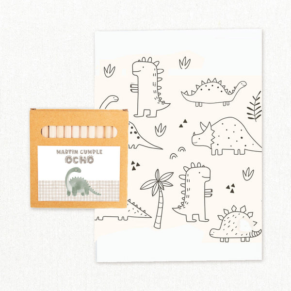 Cajita de lápices de colores con lámina para colorear temática dinosaurio, detalle para invitados de cumpleaños infantil