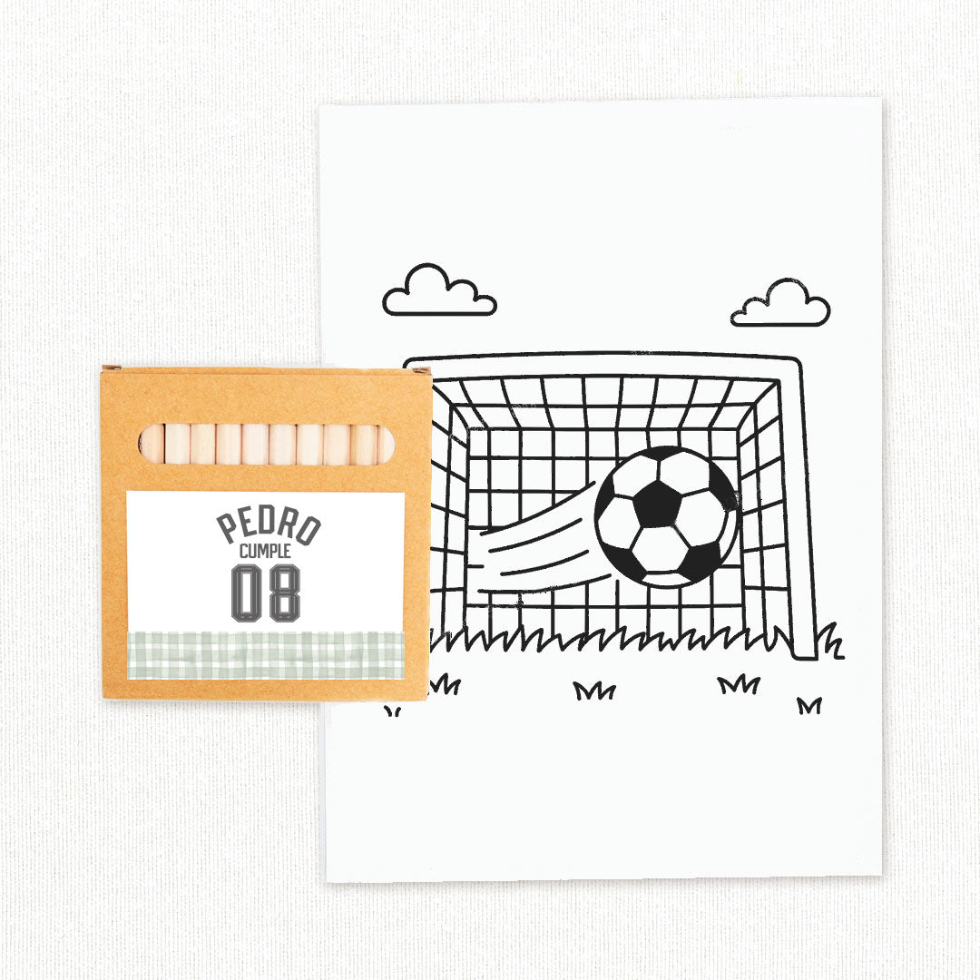 Cajita de lápices de colores con lámina para colorear temática fútbol, detalle para invitados de cumpleaños infantil