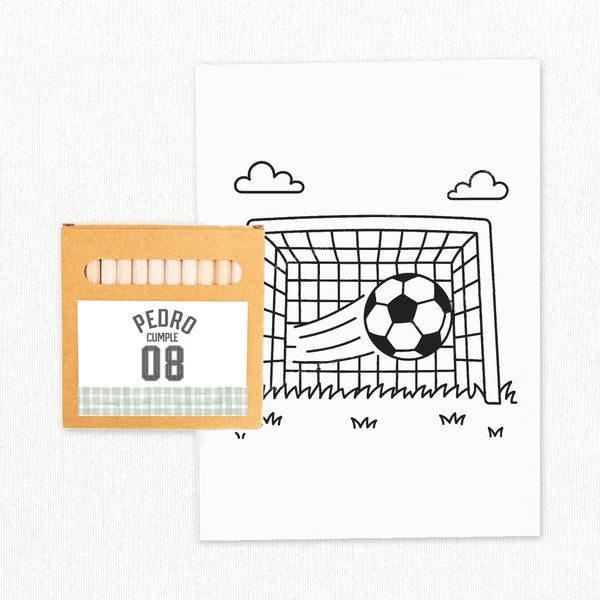 Cajita de lápices de colores con lámina para colorear temática fútbol, detalle para invitados de cumpleaños infantil