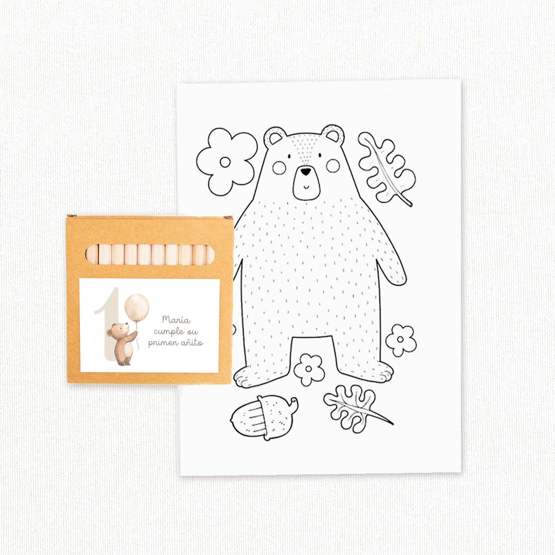 Cajita de lápices de colores con lámina para colorear temática primer cumpleaños, detalle para invitados